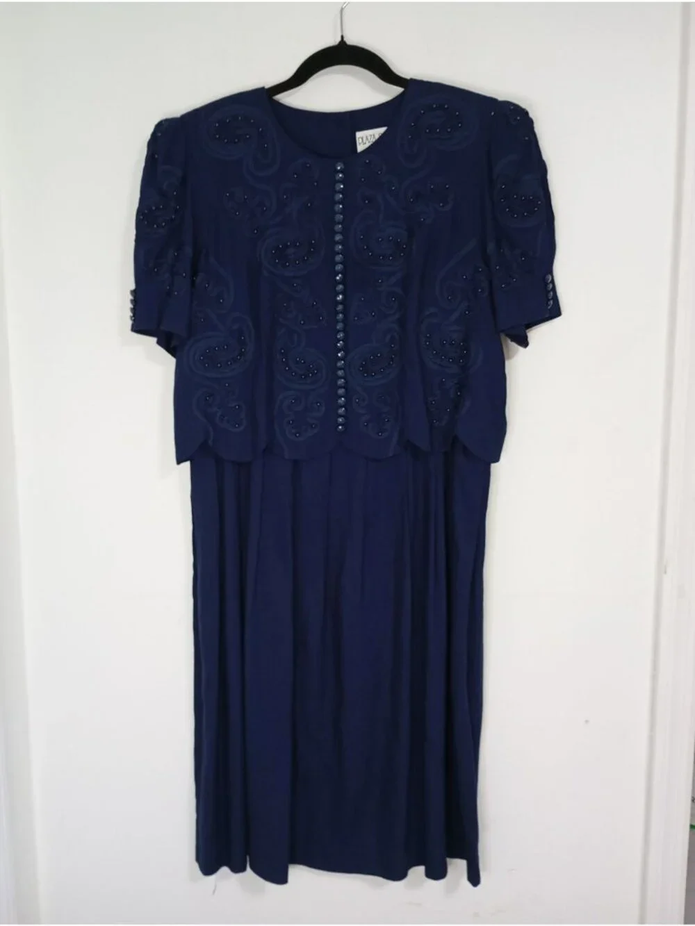 Vintage Plaza South Petites Navy Blue Embellished Dress Button Details Size 12